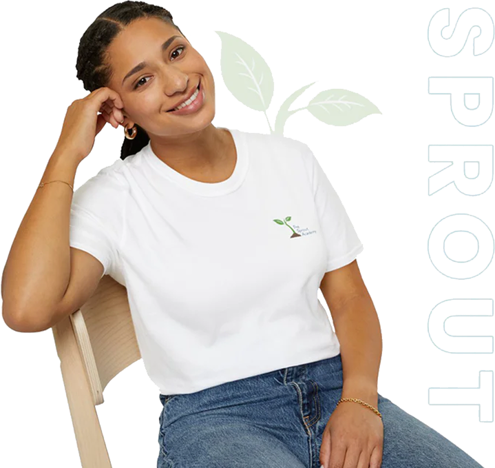 Sprout Store merchandise - t-shirt, cap, backpack, slides, and face mask